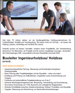 Ausschreibung Zimmerermeister/in, Bautechniker/in, Bauingenieur/in